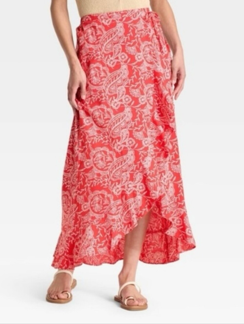 Universal Thread Coral Paisley Wrap Maxi Skirt with Ruffle Hem